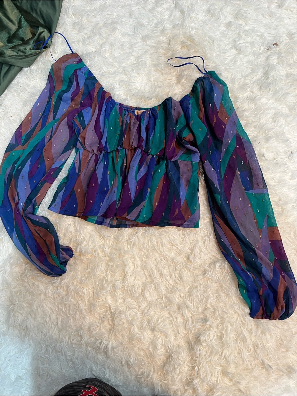 Evolutionary Multi-Stripe Off-Shoulder Crop Top in Teal, Purple & Blue